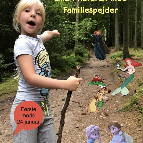 To spejderledere viser en færdselstavle for en gruppe børn